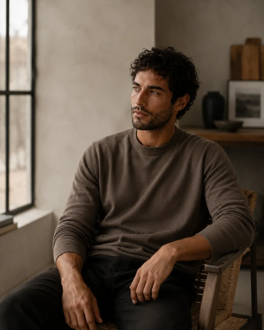Marco Vidal seated in his studio, looking out the window — warm natural light