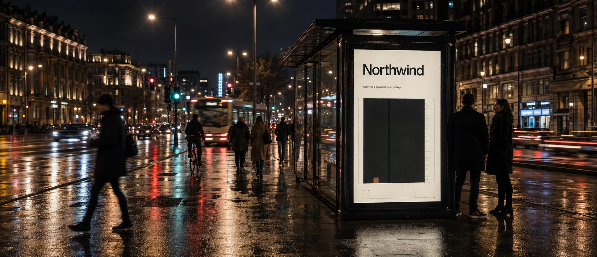 Northwind identity poster displayed at a lit bus shelter at night