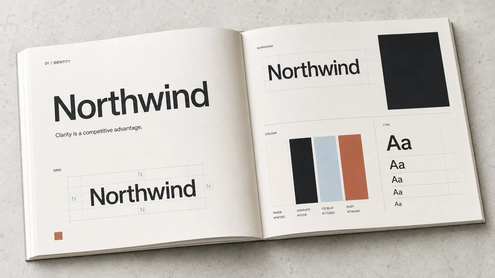 Brand guidelines book open to the identity spread — wordmark, colour and type
