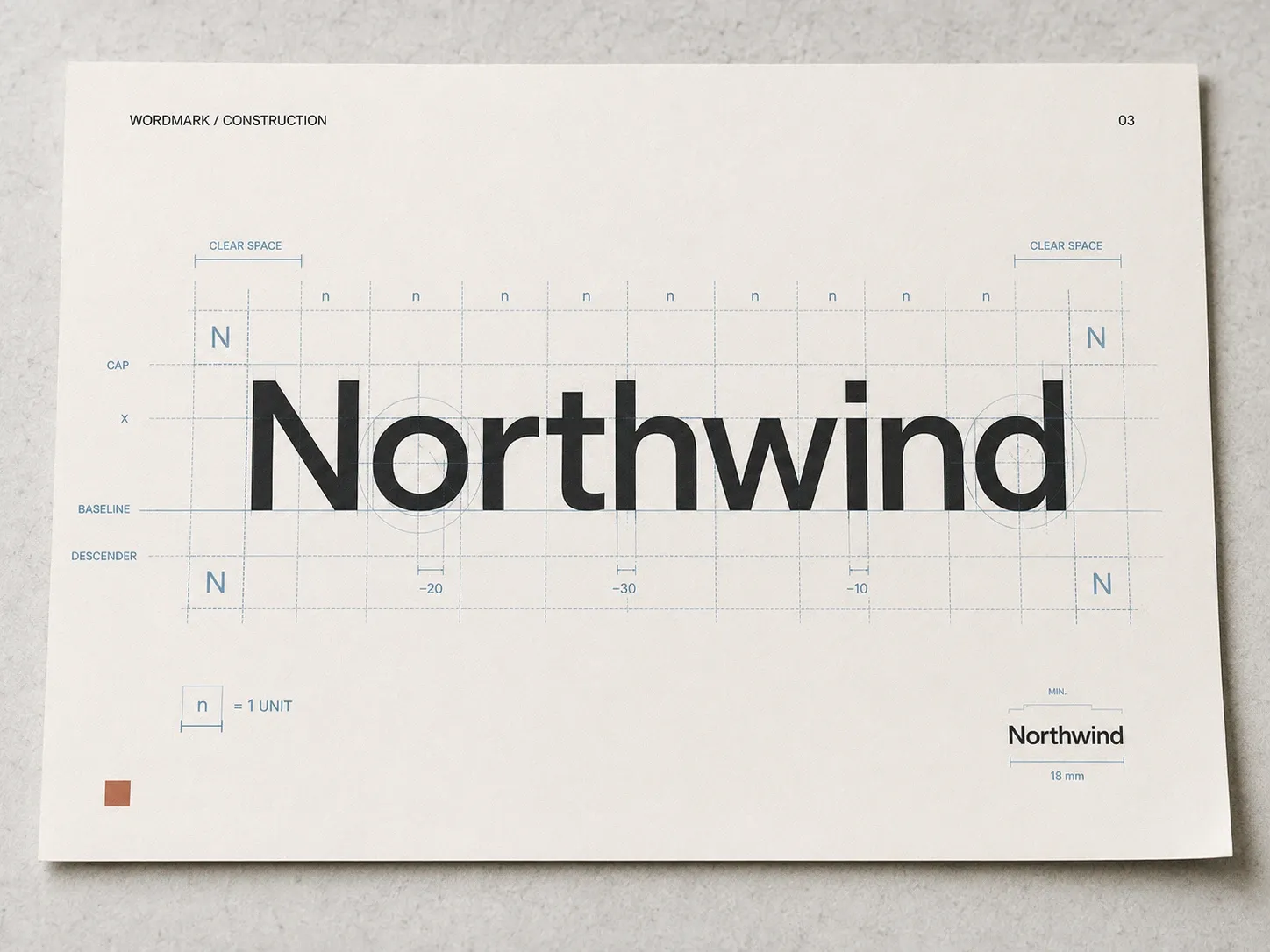 Wordmark construction sheet — clear space, unit grid and minimum size