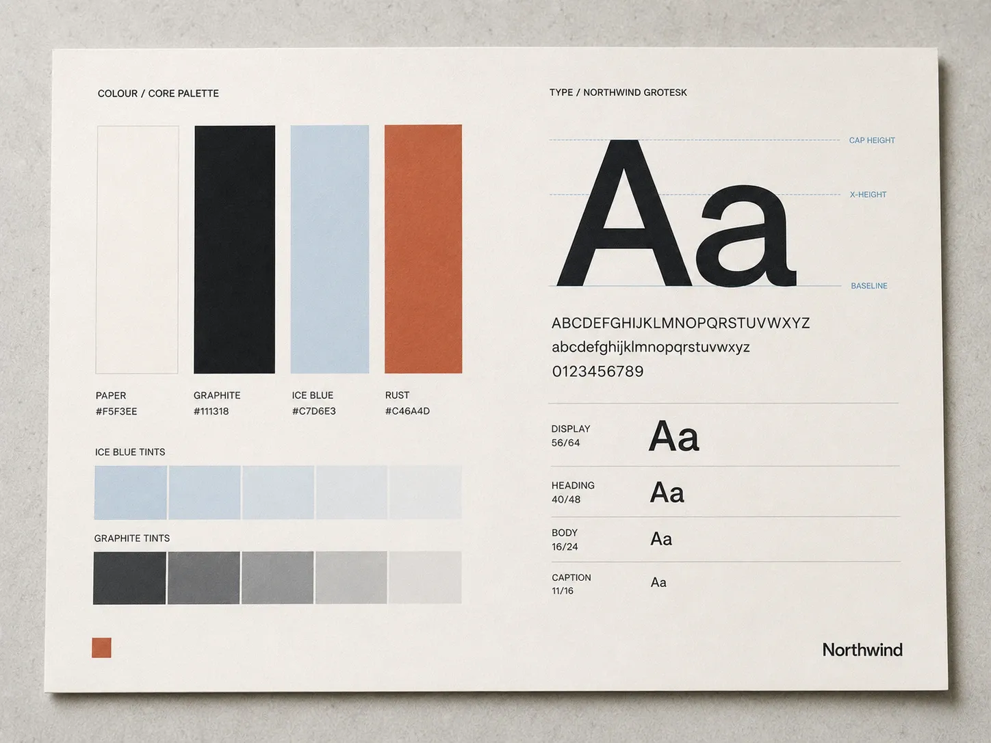 Core palette swatches with tints beside the Northwind Grotesk type scale