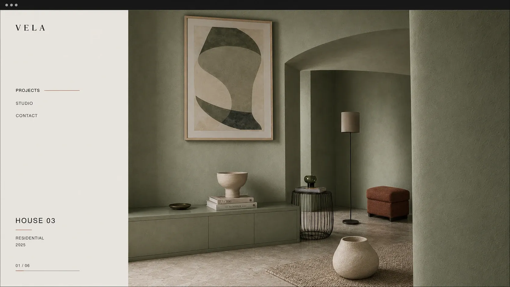 Vela Studio homepage shown in a minimal dark browser frame — editorial and image-led