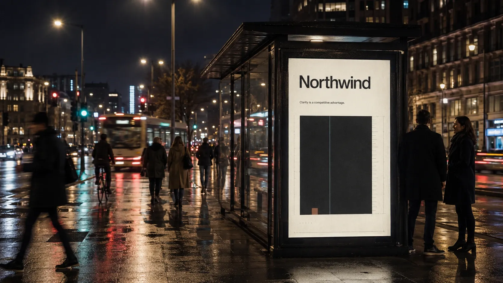 Northwind identity on a backlit poster at a city bus shelter at night