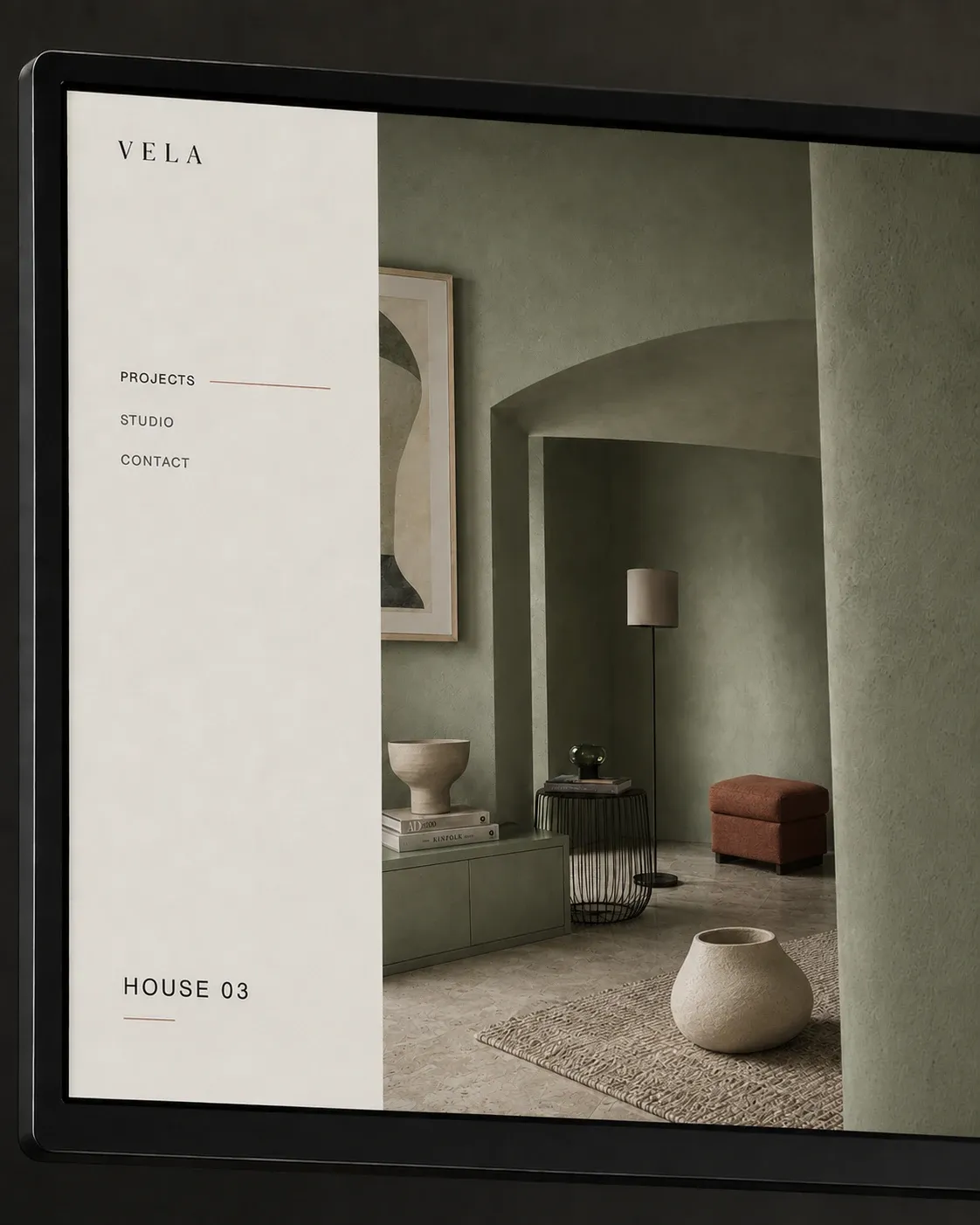 Vela Studio website UI on a dark device frame