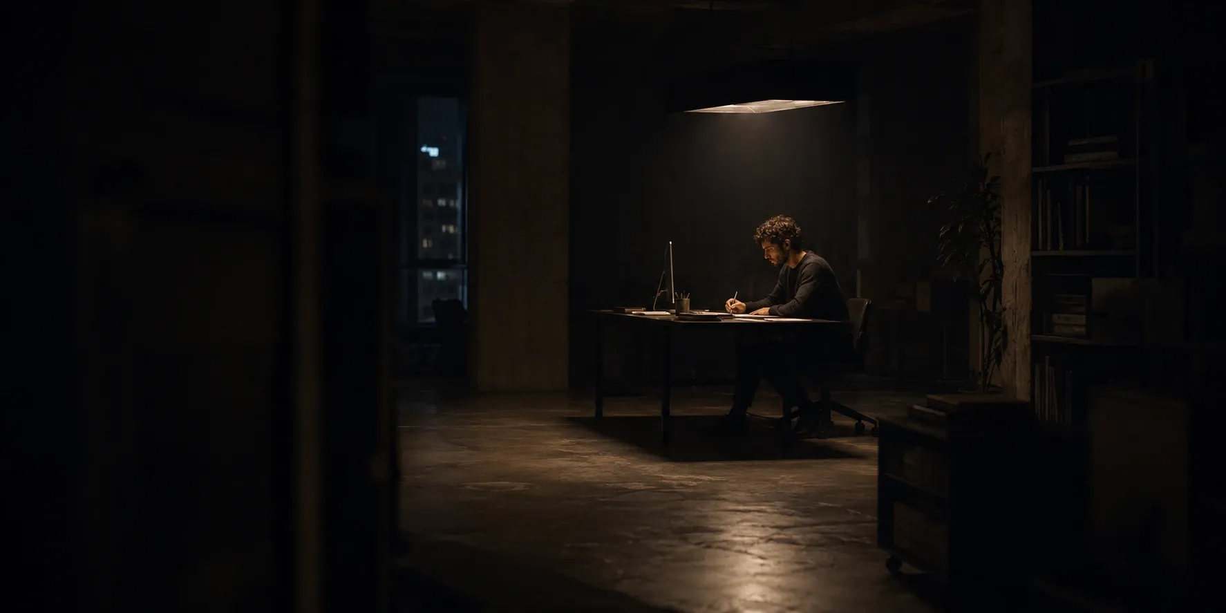 Marco Vidal working late at his desk in a dark studio, lit by a single overhead lamp